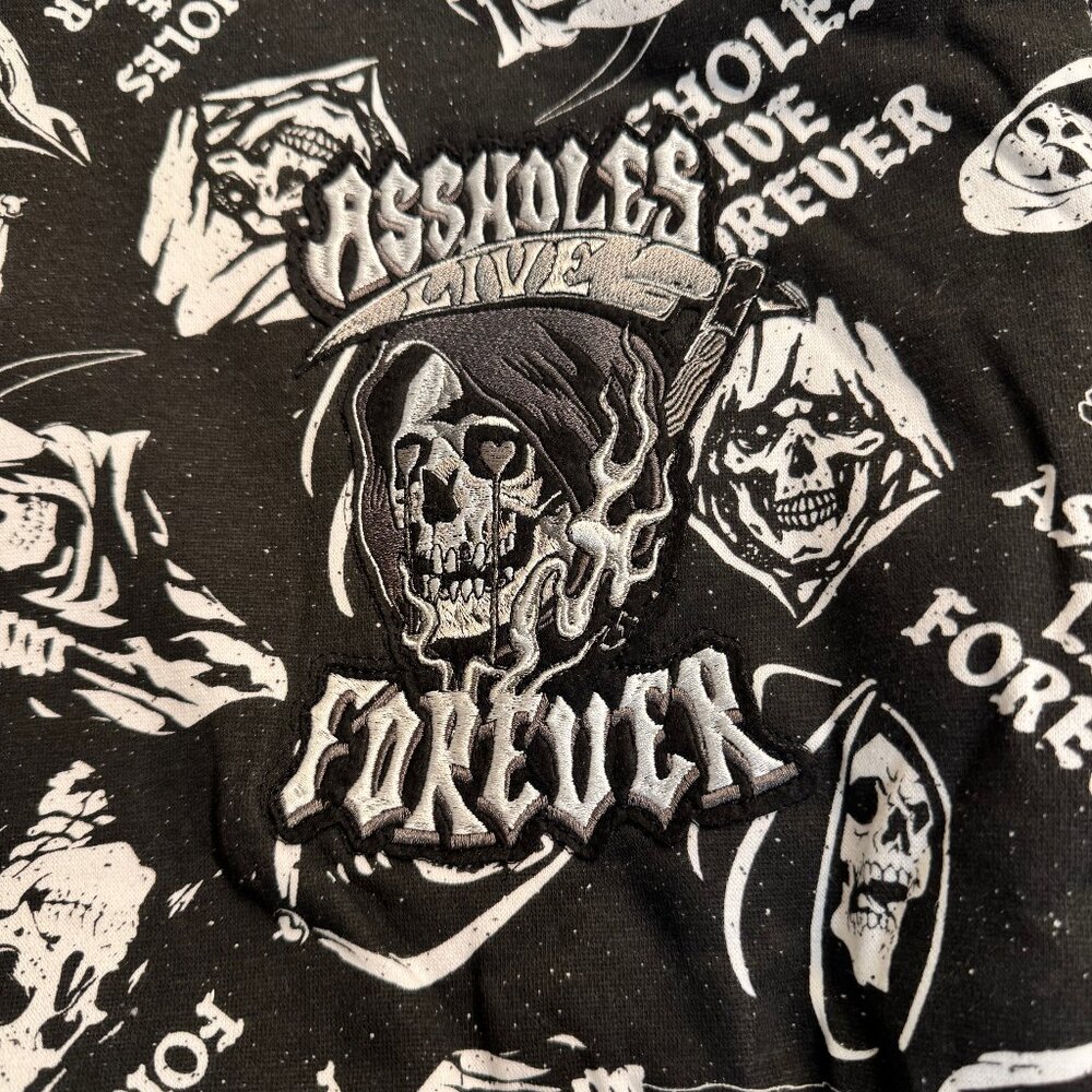 Assholes Live Forever, Black/White Hoodie with Silver embroidery, LARGE, NWOT
